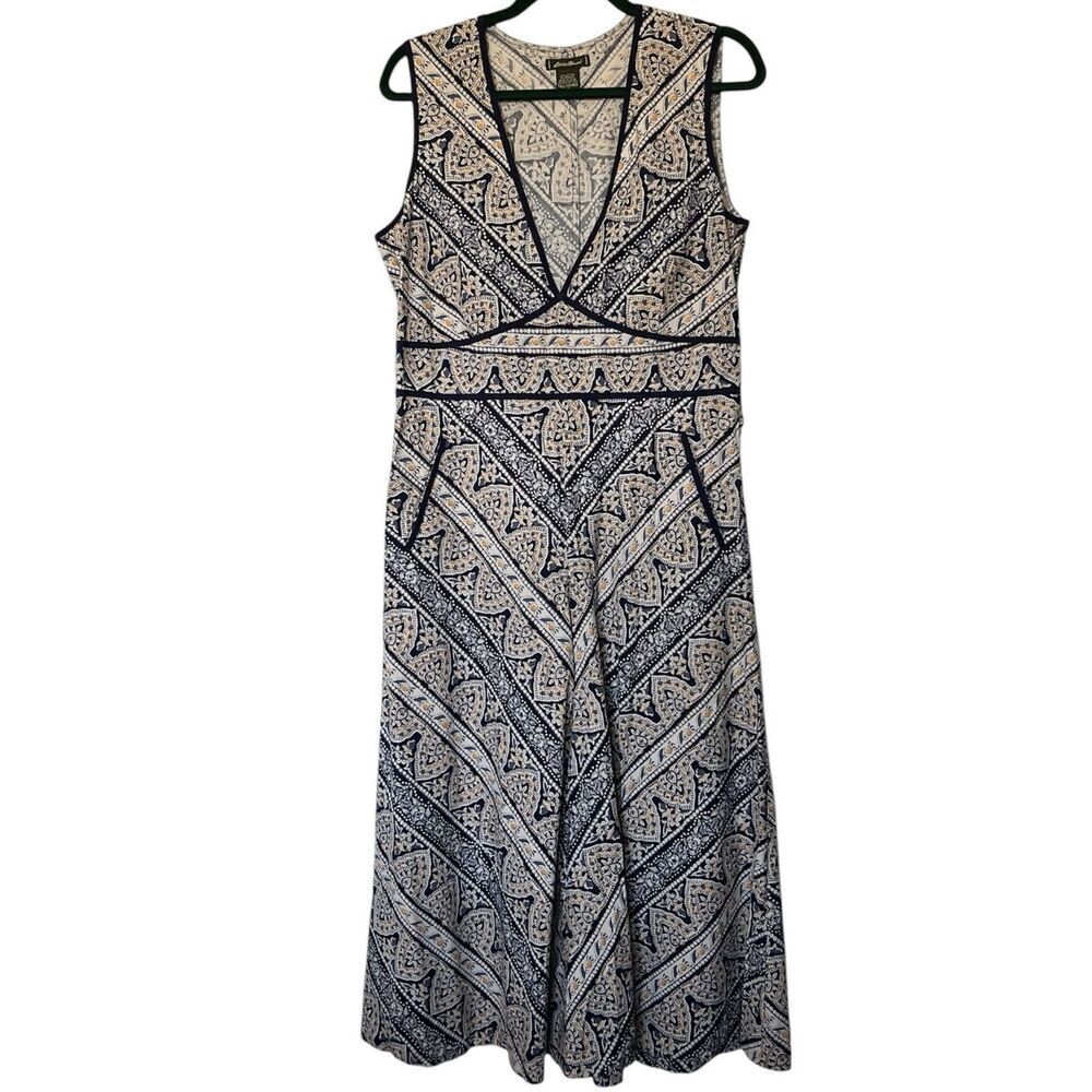 Eddie Bauer Sleeveless Dress Womens 12 Tall Blue Print Lace Trimmed Pockets